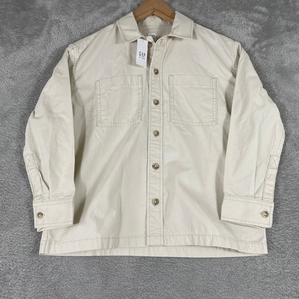 Gap Kids Button‎ Up Shirt Youth Medium 8 Cream Utility Workwear Overshirt